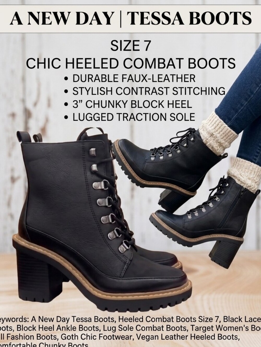 NWT A New Day Tessa Black Lace Up Heeled Combat Boots Size 7